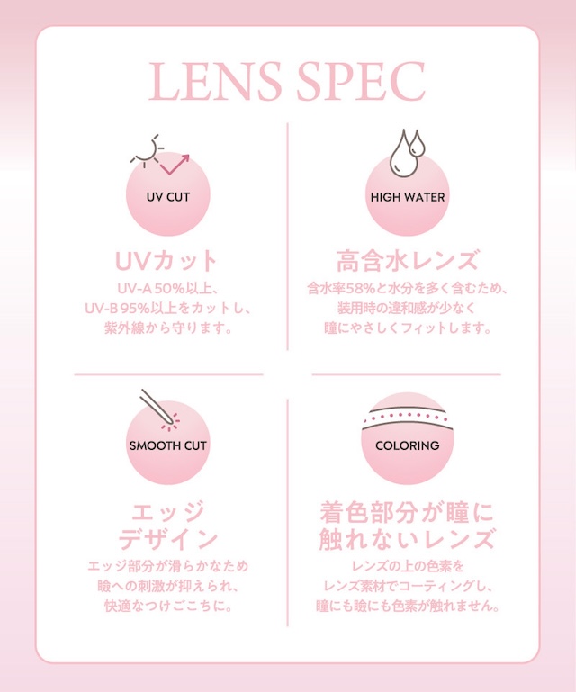 レンズスペック UVカット、高含水、滑らかなエッジ、色素が瞳に触れない安心構造を備えた機能性レンズ|佐々木希イメージモデルの大人気ワンデーカラコン『フランミー』
