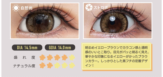 うさたにパイセン(岩本紗也加)イメージモデルフラワーアイズワンデー【FLOWER EYES 1day】アイリスブラウン,明るめイエローブラウンでカラコン感と透明感のいいとこ取り。目元がパッと明るく見え、華やかな印象になるイエローがかったブラウンカラー。しっかりとした黒フチの定番デザイン