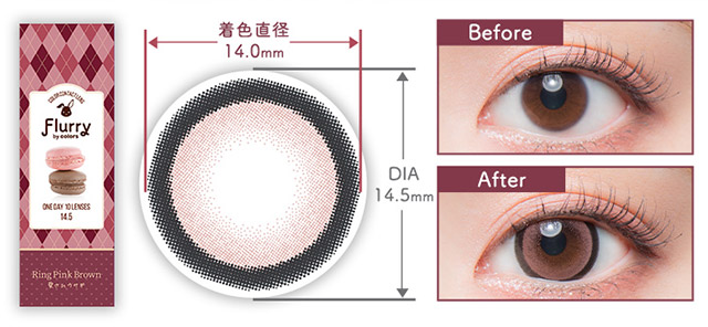 明日花キラライメージモデルのカラコンフルーリーリングピンクブラウン(Pink Ring Brown)の装用比較&レンズ画像