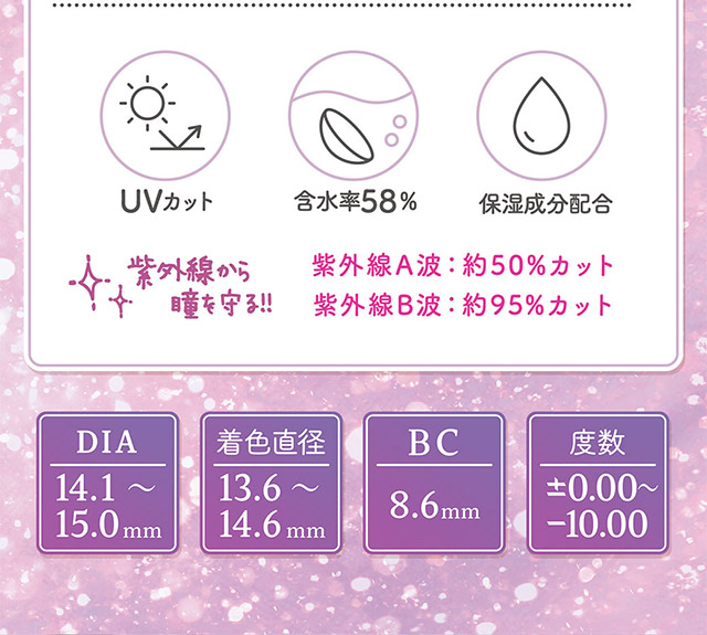 UVカット,含水率58%,保湿成分配合|明日花キラライメージモデル フルーリー(Flurry)ワンデーカラコン UVカット 含水率58% 保湿成分配合