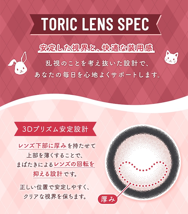 TORIC LENS SPEC 安定した視界と、快適な装用感 乱視のことを考え抜いた設計で、あなたの毎日を心地よくサポートします。3Dプリズム安定設計 レンズ下部に厚みを持たせて上部を薄くすることで、まばたきによるレンズの回転を抑える設計です。正しい位置で安定しやすく、クリアな視界を保ちます。|乱視用 10枚 フルーリートーリック(AXIS180°) DIA:14.5mm ワンデー カラコン カラーコンタクトレンズ