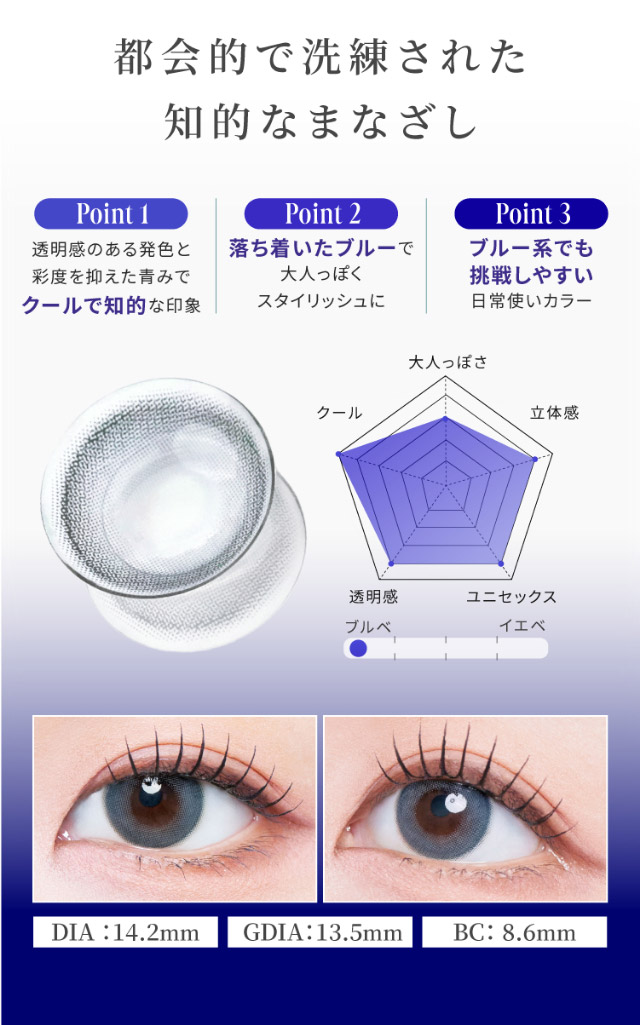 都会的で洗練された知的なまなざし,透明感のある発色と彩度を抑えた青みでクールで知的な印象,落ち着いたブルーで大人っぽくスタイリッシュに,ブルー系でも挑戦しやすい日常使いカラー,アーバンブルー装用写真,DIA14.2mm,GDIA13.5mm,BC8.6mm|「もう一段階上の私へ」をコンセプトに内に秘めた個性を呼び覚ますマンスリーカラコン,TWICE ジョンヨンイメージモデル【GIRL CRUSH 1MONTH(ガールクラッシュ ワンマンス)】1month,2枚入り,DIA14.2mm,BC8.6mm