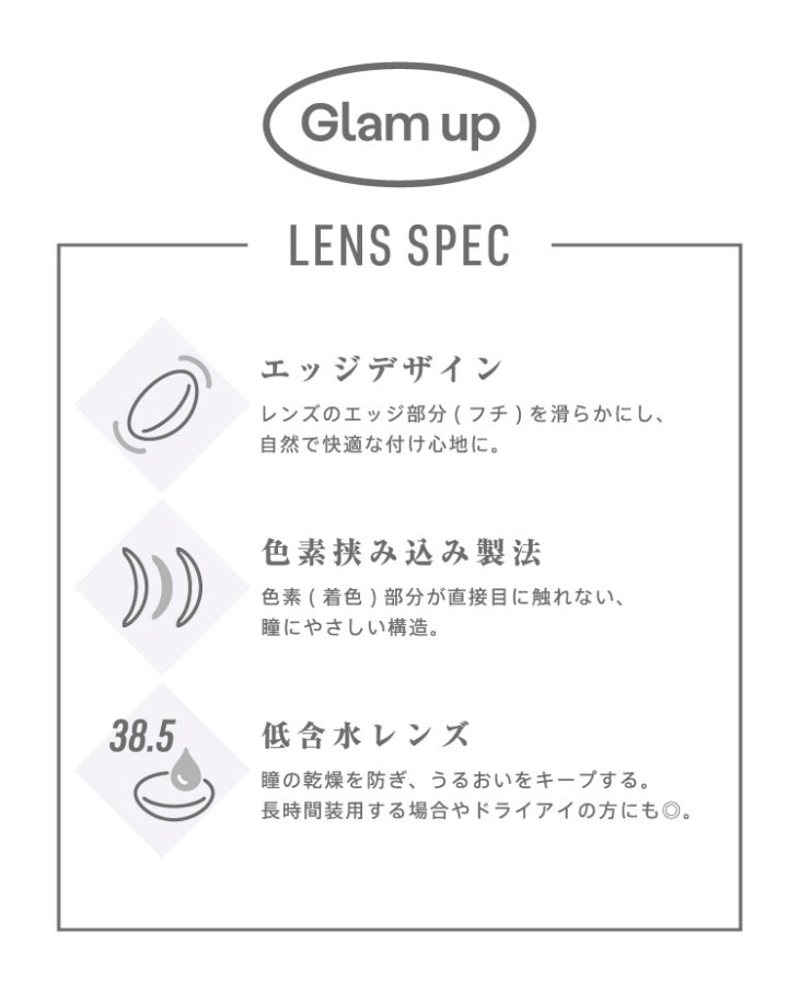 Glamup(グラムアップ)ワンデーカラコンのレンズスペック詳細|レンズのフチを滑らかにして自然で快適なつけ心地|着色部分が直接目に触れない瞳に優しい構造|瞳の乾燥を防ぎうるおいをキープする低含水38.5%のレンズ