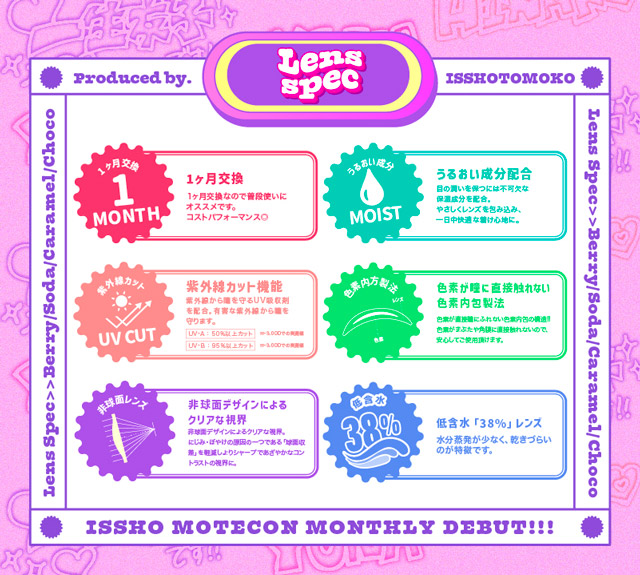 一生モテコンワンマンスのレンズスペック,1ヶ月交換,うるおい成分配合,紫外線カット機能,色素が瞳に直接触れない色素内包製法,非球面デザインによるクリアな視界,低含水38%レンズ|一生友子プロデュース 一生盛ってこ 日本承認レンズ最大級DIA15mmマンスリーカラコン「一生モテコンワンマンス(ISSHO MOTECON 1month)」,1month,BC8.6mm,1箱2枚入り