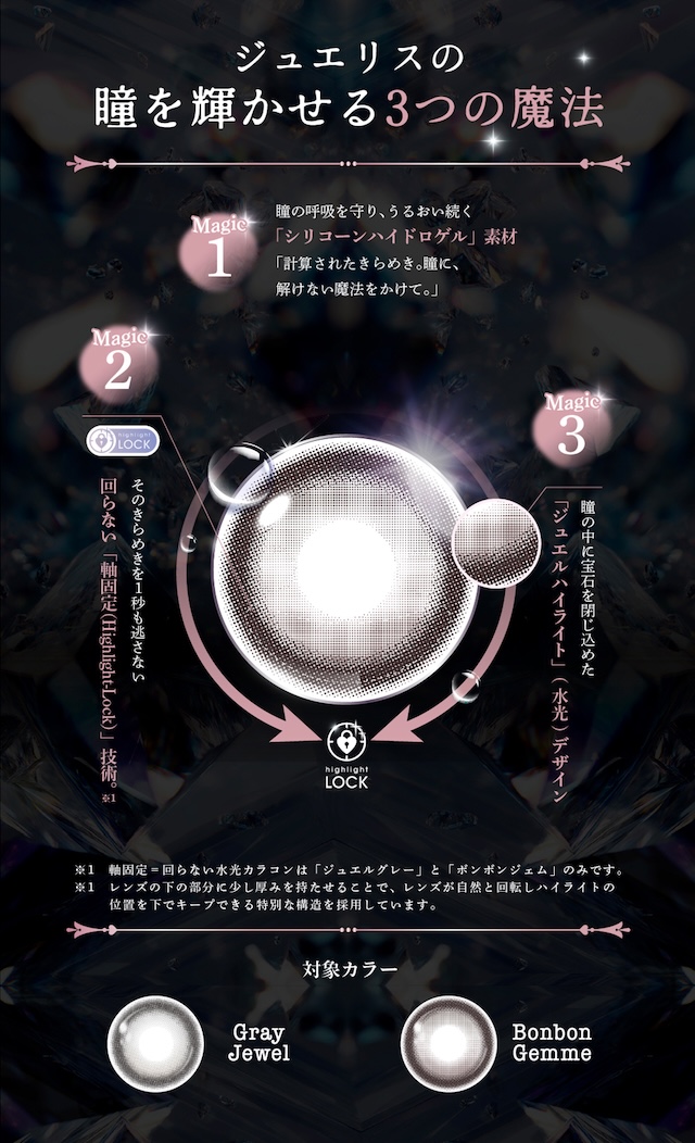 ジュエリスの瞳を輝かせる3つの魔法 瞳の呼吸を守り、うるおい続く「シリコーンハイドロゲル」素材 「計算されたきらめき。瞳に、解けない魔法をかけて。」 そのきらめきを1秒も逃さない 回らない「軸固定 (Highlight-Lock)」技術。瞳の中に宝石を閉じ込めた「ジュエルハイライト」(水光)デザイン|度あり・度なし 10枚 ジュエリス DIA:14.5mm ワンデー カラコン カラーコンタクトレンズ