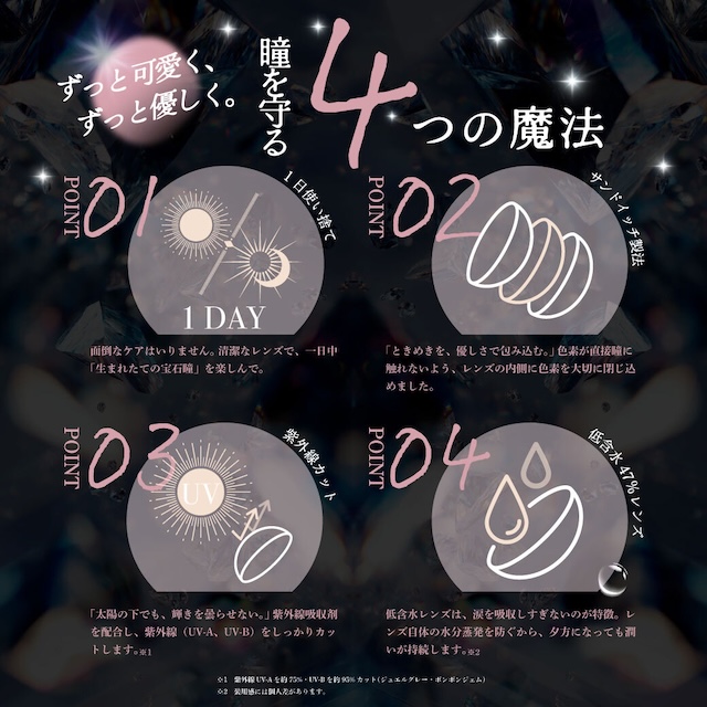 POINT01 1日使い捨て 面倒なケアはいりません。清潔なレンズで、一日中「生まれたての宝石瞳」を楽しんで。 POINT02 サンドイッチ製法「ときめきを、優しさで包み込む。」色素が直接瞳に触れないよう、レンズの内側に色素を大切に閉じ込めました。 POINT03 紫外線カット UV 「太陽の下でも、輝きを曇らせない。」紫外線吸収剤を配合し、紫外線(UV-A、UV-B)をしっかりカットします。※1 POINT04 低含水47%レンズ 低含水レンズは、涙を吸収しすぎないのが特徴。レンズ自体の水分蒸発を防ぐから、夕方になっても潤いが持続します。|度あり・度なし 10枚 ジュエリス DIA:14.5mm ワンデー カラコン カラーコンタクトレンズ