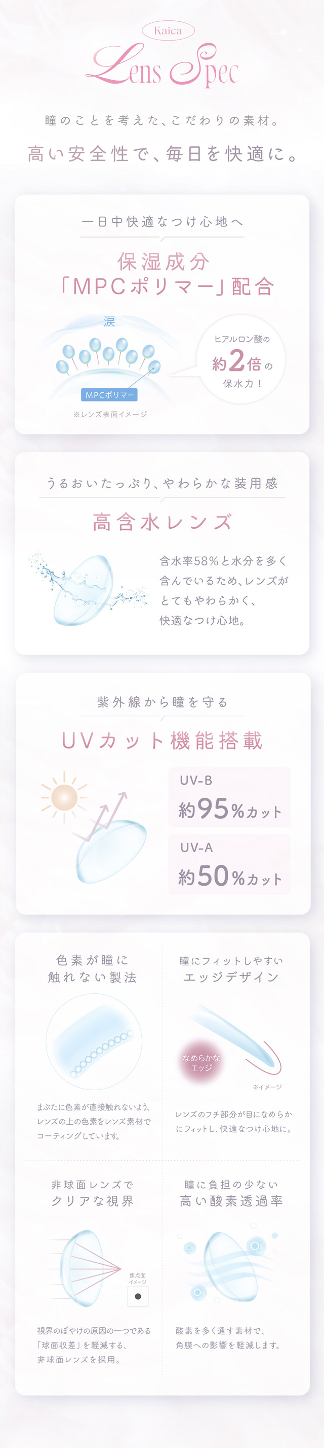 カイカのレンズスペック,MPCポリマー配合,高含水レンズ,UVカット機能搭載,色素が目に触れない構造,瞳にフィットしやすいエッジデザイン,非球面レンズでクリアな視界,瞳に負担の少ない高い酸素透過率|自分らしさを咲かせるカラコン「Kaica(カイカ)」ワンデーコンタクトレンズ 1day 1箱10枚入り UVカット DIA14.2mm BC8.6mm 含水率38% ナチュラル&ニュアンスカラー