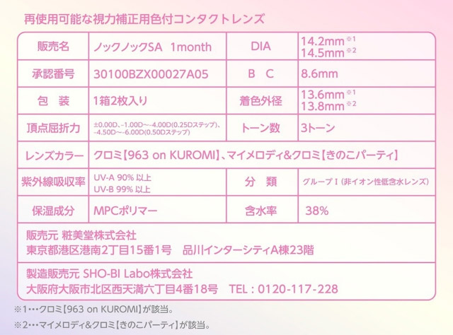 ノックノック1month×クロミ♡マイメロディのレンズスペック詳細|クロミとマイメロディが遂にカラコンをプロデュース!「ノックノック1month×クロミ♡マイメロディ(KnockKnock 1month×Kuromi♡MyMelody MY MELODY)」,1month,2枚入り,DIA14.2mm/14.5mm,BC8.6mm,38%,UVカット,モイスト成分配合