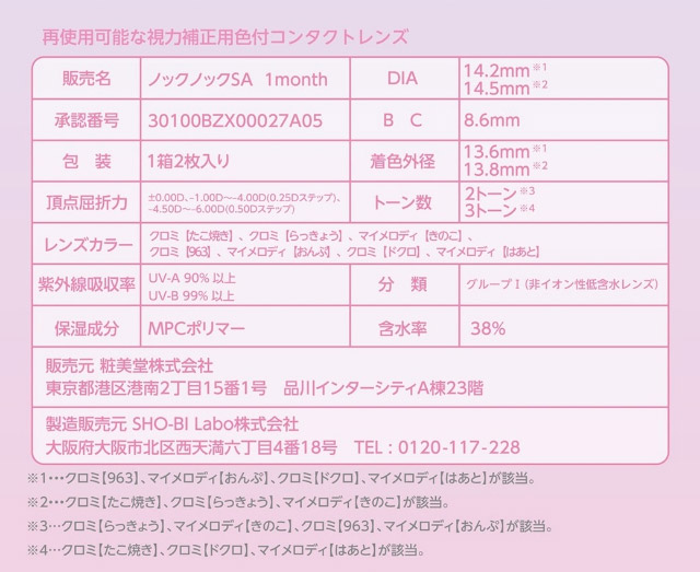 ノックノック1month×クロミ♡マイメロディのレンズスペック詳細|クロミとマイメロディが遂にカラコンをプロデュース!「ノックノック1month×クロミ♡マイメロディ(KnockKnock 1month×Kuromi♡MyMelody MY MELODY)」,1month,2枚入り,DIA14.2mm/14.5mm,BC8.6mm,38%,UVカット,モイスト成分配合
