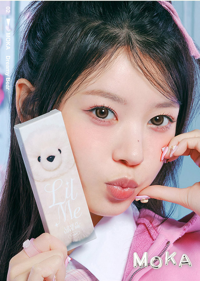 ドリーミーベア装用写真|ILLIT(アイリット)イメージモデル♡回らない水光カラコン「リルミィ(LilMe)」,1day,DIA14.5mm,高含水55%,ブルーライト&UVカット,うるおい成分配合,1箱10枚入り