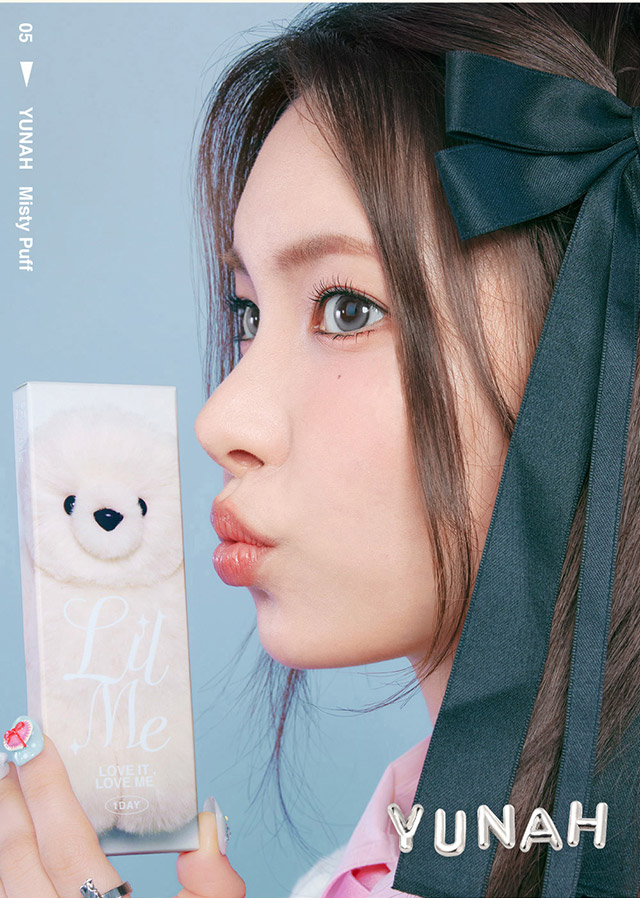 ミスティパフ装用写真|ILLIT(アイリット)イメージモデル♡回らない水光カラコン「リルミィ(LilMe)」,1day,DIA14.5mm,高含水55%,ブルーライト&UVカット,うるおい成分配合,1箱10枚入り