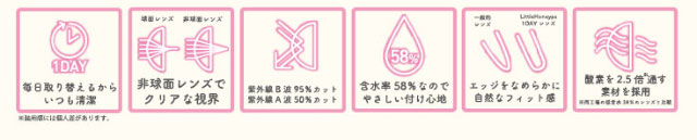 DIA14.5,リトルハニップ,ワンデーカラコン,BC8.6,10枚入り,全6色,保存液に保湿成分を配合,非球面レンズでクリアな視界,紫外線カット,含水率58%でやさしい付け心地,エッジをなめらかに自然なフィット感,酸素を2.5倍通す素材を採用