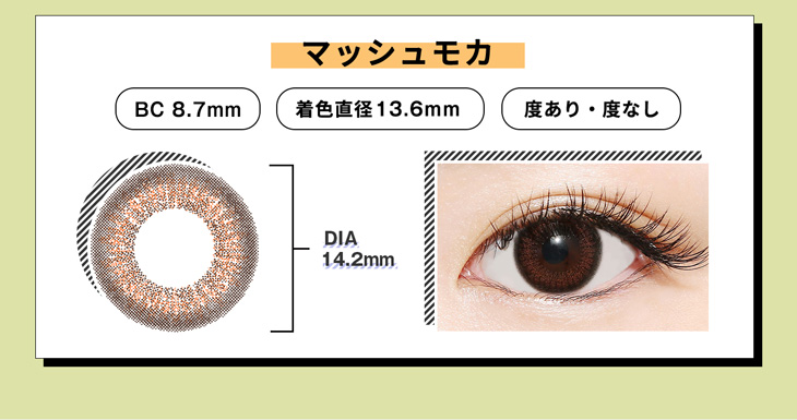 ラブホリックアイルーチェワンデーUVマッシュモカ(Love Holic Eyeluce 1day UV Mashmocha)BC 8.7mm,着色直径13.6mm,DIA14.2mm,度あり/なし対応の大人気ワンデーカラコン