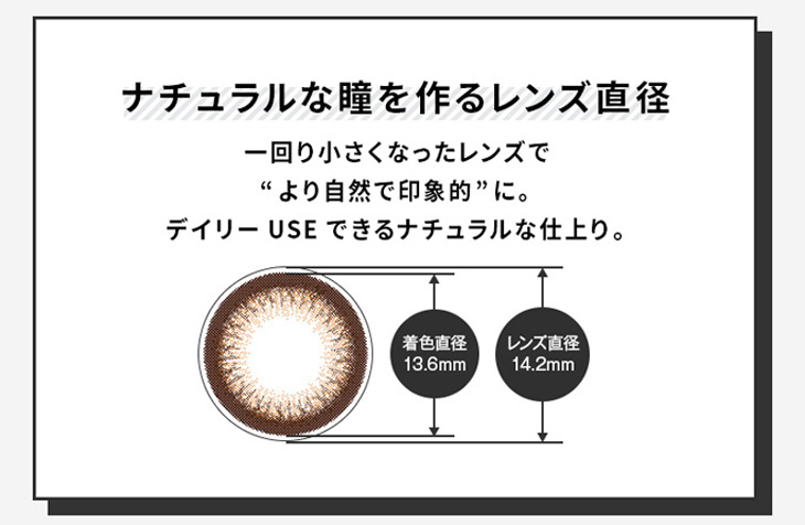 ラブホリックアイルーチェワンデーUV(Love Holic Eyeluce 1day UV)はレンズ直径14.2mm、着色直径13.6mmでデイリー使いしたくなるナチュラルで印象的な瞳になれるレンズサイズ