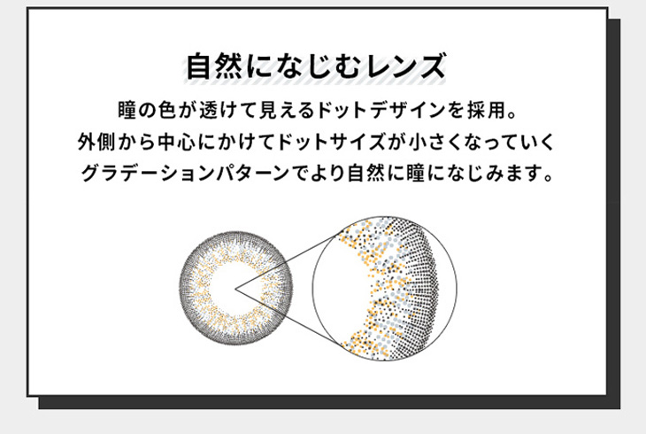 ラブホリックアイルーチェワンデー(Love Holic Eyeluce 1day )は極小ドットデザインで溶け込むように馴染み至近距離でもばれないナチュラルな瞳に