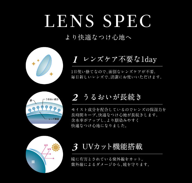 ラヴェールのレンズスペック,レンズケア不要な1day,うるおいが長続き,UVカット機能搭載|倖田來未イメージモデル&プロデュース,ワンデーカラコン,ラヴェール【loveil】