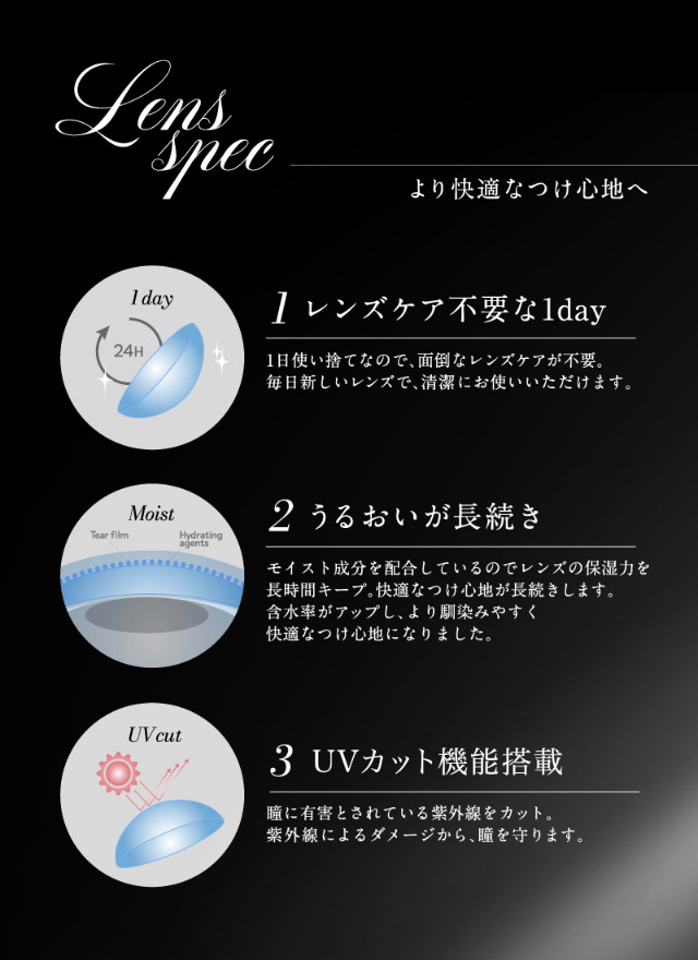 ラヴェールのレンズスペック,レンズケア不要な1day,うるおいが長続き,UVカット機能搭載|倖田來未イメージモデル&プロデュース,ワンデーカラコン,ラヴェール【loveil】