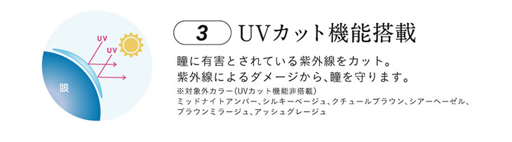 loveil(ラヴェール)はUVカット機能搭載|瞳に有害とされている紫外線をカット。紫外線によるダメージから瞳を守ります※対象外カラーはミッドナイトアンバー、シルキーベージュ、クチュールブラウン、シアーヘーゼル、ブラウンミラージュ、アッシュグレージュ