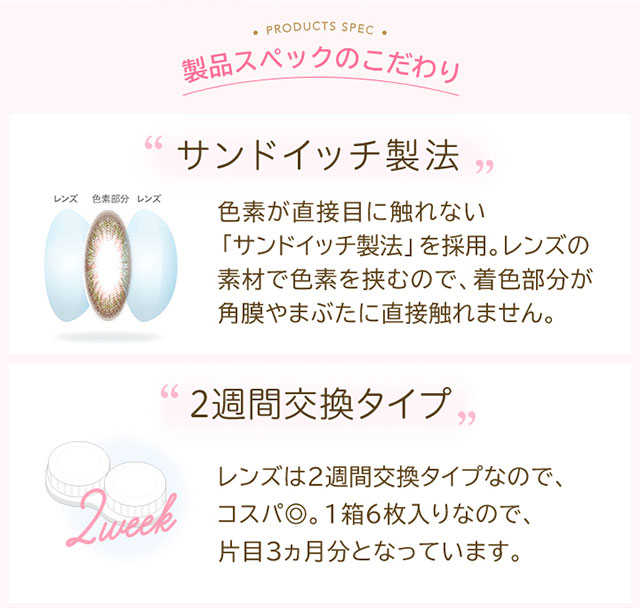 ルミア2ウィーク,イメージモデル森絵梨佳,製品スペックのこだわり,色素が直接目に触れないサンドイッチ製法,コスパの良い2週間交換タイプ