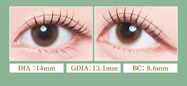 フェザーヴェール装用写真,DIA14mm,GDIA13.1mm,BC8.6mm|女神のような美しさをコンセプトに瞳に艶と色気を纏うワンデーカラコン,TWICE ミナイメージモデルのワンデーカラコン【MEVILAGE(メビラージュ)】1day,10枚入り,DIA14.0mm,BC8.6mm