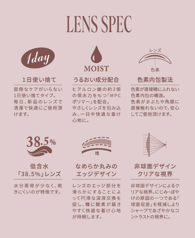 TWICE ミナイメージモデルのワンデーカラコン,メビラージュのレンズスペック,1日使い捨て,うるおい成分配合,色素内包製法,低含水レンズ,なめらか丸みのエッジデザイン,非球面デザインクリアな視界|女神のような美しさをコンセプトに瞳に艶と色気を纏うワンデーカラコン,TWICE ミナイメージモデルのワンデーカラコン【MEVILAGE(メビラージュ)】1day,10枚入り,DIA14.0mm,BC8.6mm
