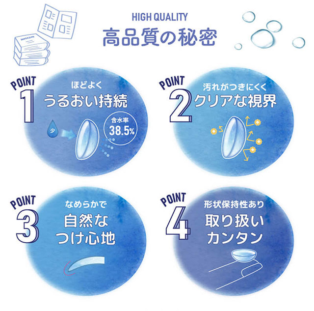 高品質の秘密,うるおい長持ち,汚れがつきにくくクリアな視界,滑らかで自然なつけ心地,形状保持性ありで取り扱いカンタン,三原羽衣ちゃんイメージモデル,モテコンフォースクール,MOTECON FOR SCHOOL,ソフトコンタクトレンズ,含水率38.5%,DIA14.2mm,BC8.6mm