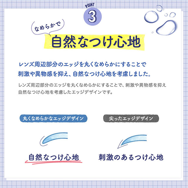 なめらかで自然なつけ心地,レンズ周辺部分のエッジを丸くなめらかにすることで刺激や異物感を抑え自然なつけ心地を考慮しました,三原羽衣ちゃんイメージモデル,モテコンフォースクール,MOTECON FOR SCHOOL,ソフトコンタクトレンズ,含水率38.5%,DIA14.2mm,BC8.6mm