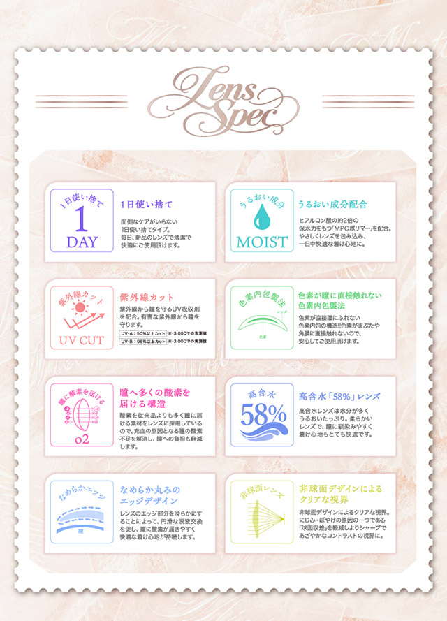 マジェットリラックスのレンズスペック|三上 悠亜ちゃんプロデュースワンデーカラコンがリニューアル『Majette RELAX(マジェットリラックス)』は瞳の緊張状態を和らげる次世代カラコン!!1day,DIA14.5mm,BC8.6mm,UVカット,うるおい成分配合