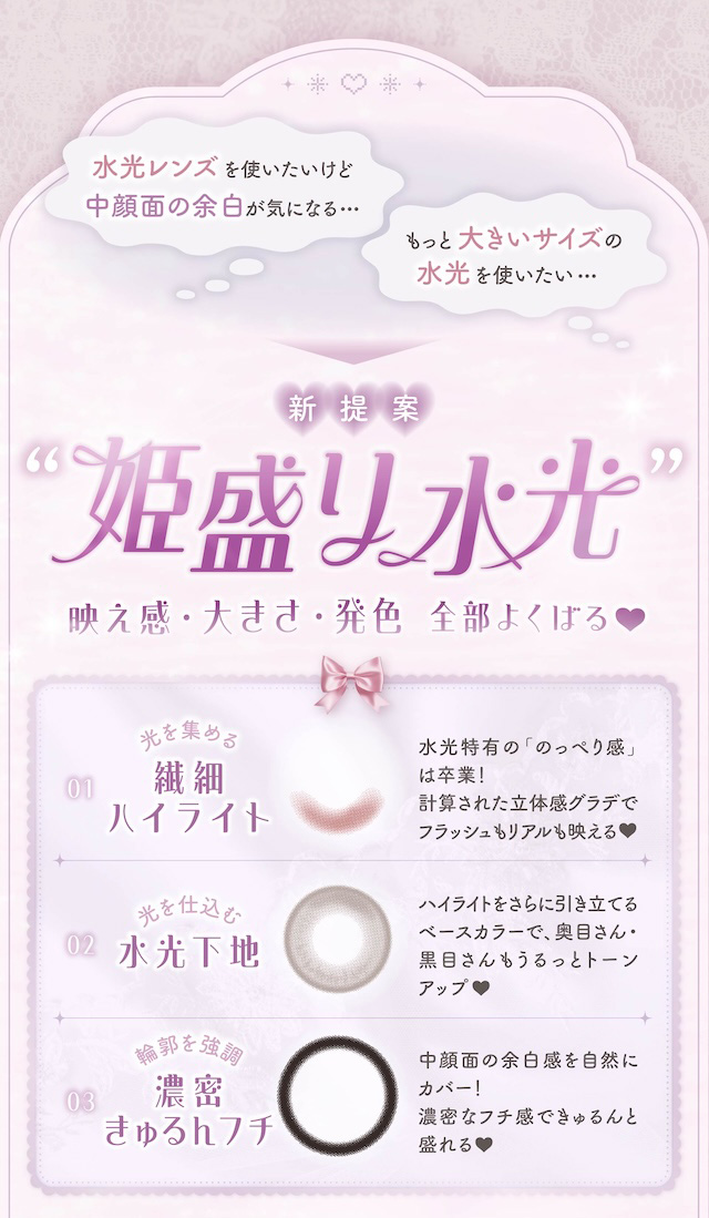水光レンズを使いたいけど中顔面の余白が気になる… / もっと大きいサイズの水光を使いたい… / 新提案 “姫盛り水光” 映え感・大きさ・発色 全部よくばる♥|度あり・度なし 10枚 メロリア1day DIA:14.5mm ワンデー カラコン カラーコンタクトレンズ
