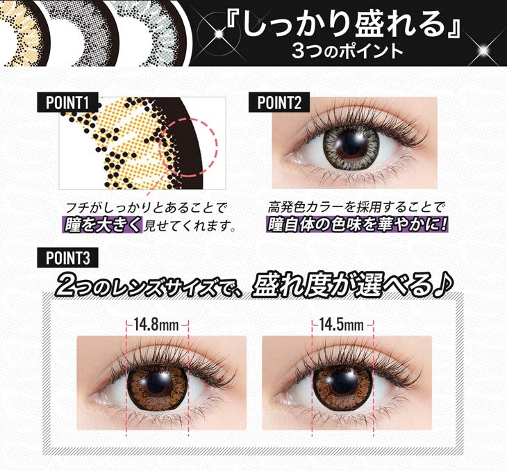 ミラージュワンマンスはしっかりフチと高発色、2種類のレンズサイズだからどんな人もしっかり盛れるマンスリーカラコン