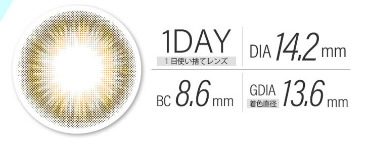 モテコンガールズワンデーのミルクティーベージュはDIA14.2mm、着色直径13.6mm、BC8.6のワンデーカラコン