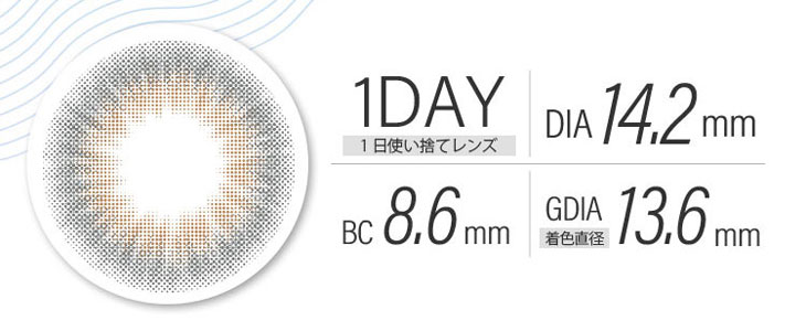 モテコンガールズワンデーのウォーターブルージュはDIA14.2mm、着色直径13.6mm、BC8.6のワンデーカラコン