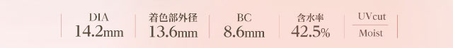 DIA14.2mm,着色部外径13.6mm,BC8.6mm,含水率42.5%,UVカット,うるおい成分|小松菜奈ちゃんイメージモデルネオサイトワンデーシエルUV