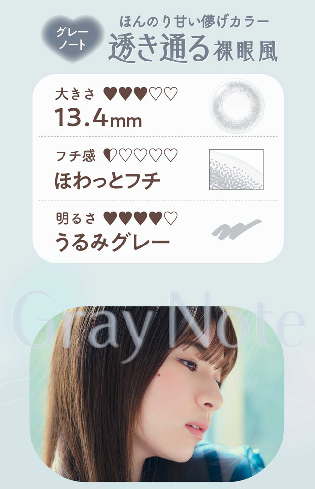 グレーノートのスペック|ネオサイトワンデーリングUV(NeoSight1day Ring UV),ワンデーカラコン,UVカット,うるおい成分