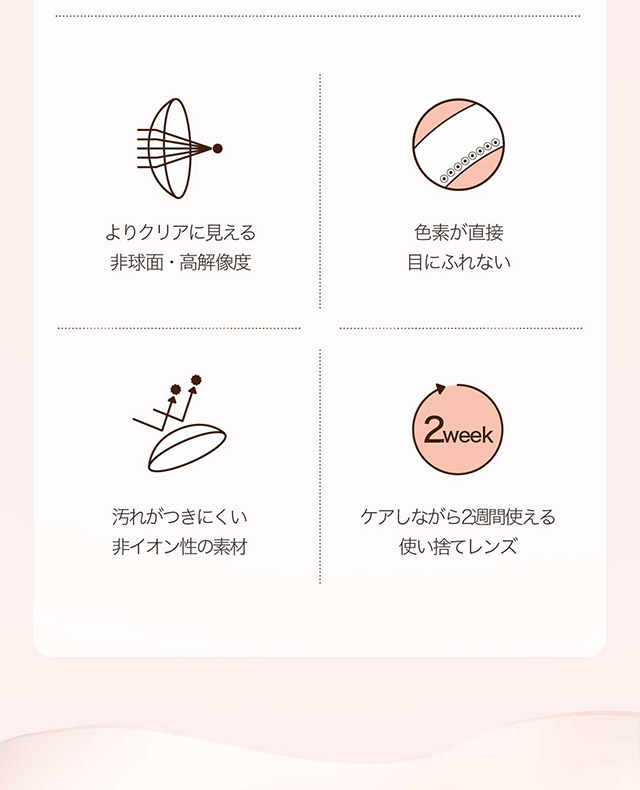 ネオサイト2weekシエルUVのレンズスペック|ほどよくナチュ盛れ2weekカラコン ネオサイト2weekシエルUV DIA14.2mm BC8.7mm 含水率42.5% UVカット うるおい成分配合