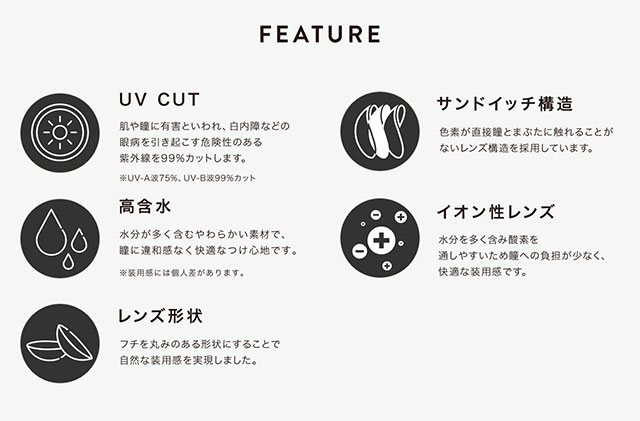 渡辺直美さんプロデュースのエヌズコレクションのレンズスペック詳細。UVカット加工、水分を多く含む高含水、色素が目に直接触れないサンドイッチ構造、自然な装用感のレンズ形状|渡辺直美プロデュースのカラコン エヌズコレクション(N'sCOLLECTION)