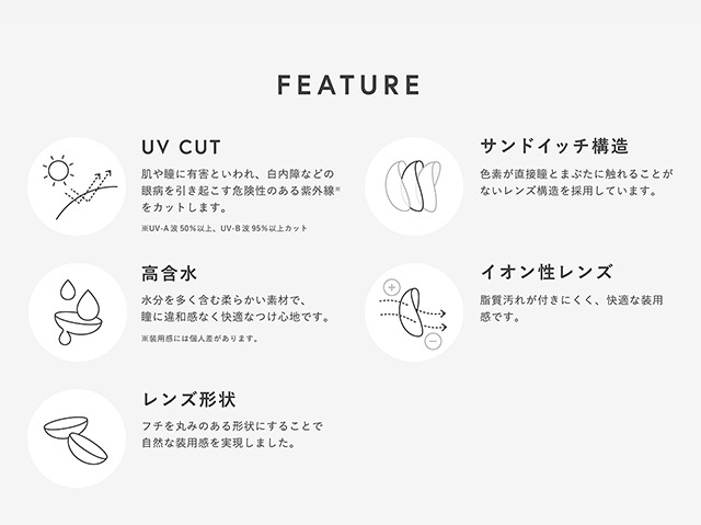 エヌズコレクションの特徴,UVカット,サンドイッチ構造,高含水,イオン性レンズ,レンズ形状|渡辺直美さんプロデュースのハイセンスワンデーカラコンN'sCOLLECTION(エヌズコレクション)