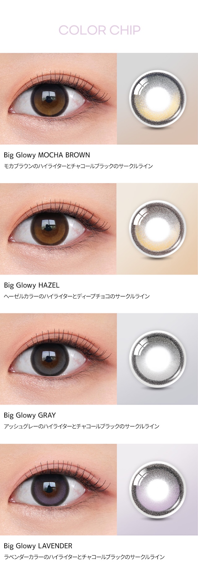 カラーチップ　Big Glowy MOCHA BROWN (モカブラウンのハイライターとチャコールブラックのサークルライン) / Big Glowy HAZEL (ヘーゼルカラーのハイライターとディープチョコのサークルライン) / Big Glowy GRAY (アッシュグレーのハイライターとチャコールブラックのサークルライン) / Big Glowy LAVENDER (ラベンダーカラーのハイライターとチャコールブラックのサークルライン)|度あり10枚 オーレンズ ビッググローイワンデー ヘーゼル DIA:14.2mm MEOVV(ミヤオ)  ワンデー カラコン カラーコンタクトレンズ