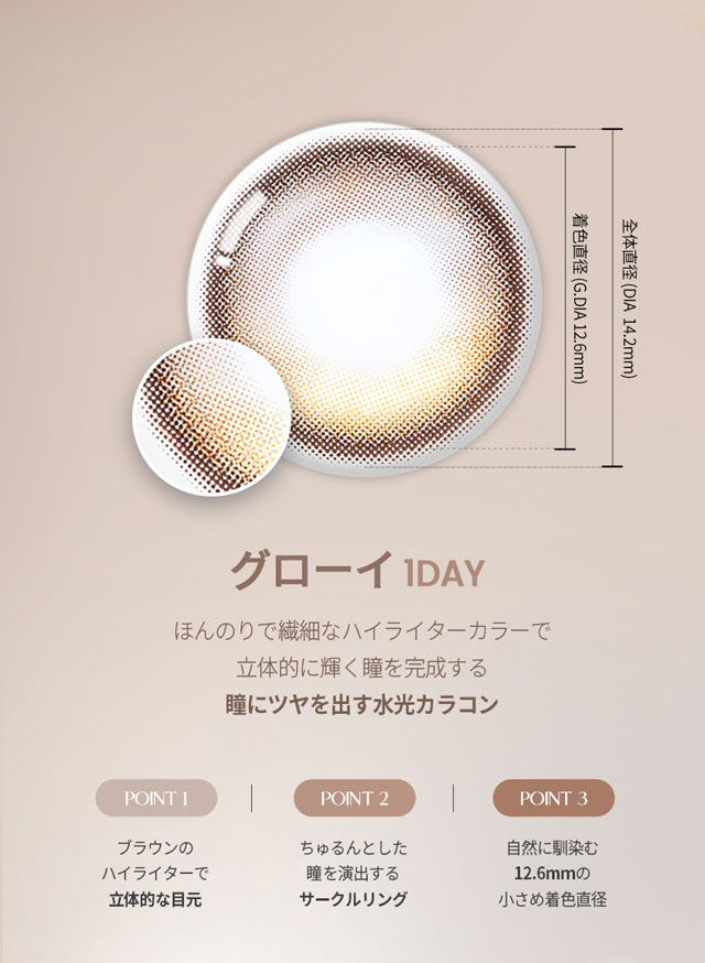 韓国カラコン オーレンズアイライターグローイワンデーはソフト&繊細なハイライターカラーで立体的に輝く目元を演出する今トレンドの水光カラコン