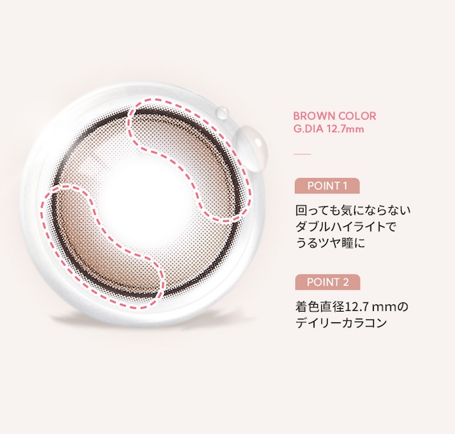 BROWN COLOR G.DIA 12.7mm / POINT 1: 回っても気にならないダブルハイライトでうるツヤ瞳に / POINT 2: 着色直径12.7mmのデイリーカラコン|度あり・度なし 10枚 オーレンズ グローイティアミニワンデー ブラウン DIA:14.2mm ワンデー カラコン カラーコンタクトレンズ