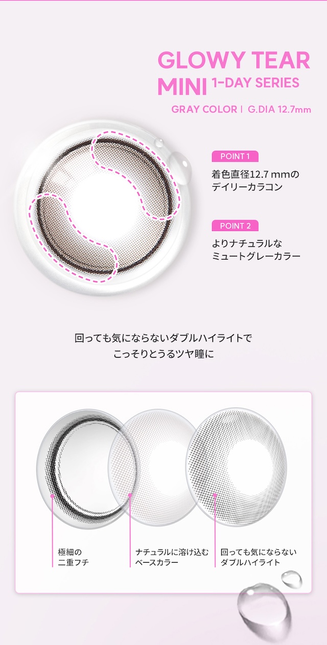 POINT 1:着色直径12.7mmのデイリーカラコン / POINT 2:よりナチュラルなミュートグレーカラー / 回っても気にならないダブルハイライトでこっそりとうるツヤ瞳に|度あり・度なし 10枚 オーレンズ グローイティアミニワンデー グレー DIA:14.2mm ワンデー カラコン カラーコンタクトレンズ