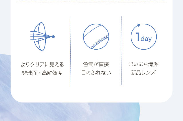 よりクリアに見える非球面・高解像度,色素が直接目にふれない,まいにち清潔新品レンズ|ワンデーアイレリアル/UVトーリック/乱視用/小松菜奈さんイメージモデル
