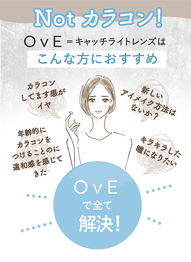 OvE(オヴィ)キャッチライトレンズはこんな方におすすめ|カラコンしてます感がイヤ,新しいアイメイク方法はないか?,年齢的にカラコンをつけるのに違和感を感じてきた,キラキラした瞳になりたいというかたにおすすめです。