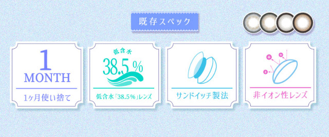 既存色のレンズスペック詳細,1ヶ月使い捨て,低含水38.5%,サンドイッチ製法,非イオン性レンズ|アイドル級に盛れる!大人気インフルエンサーMINAMIちゃんイメージモデルのプリモアに待望のマンスリーが登場!日本承認レンズ最大級のDIA15mmプリモアマンスリー(PRIMORE Monthly)