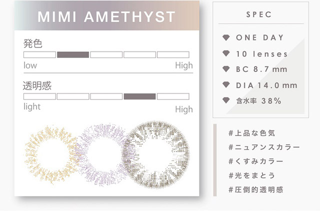 【ピエナージュ ミミジェム】ミミアメジスト 着色直径13.0mm DIA14.0mm ベースカーブ(BC)8.7mm