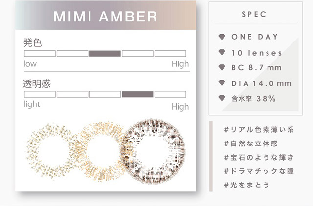 【ピエナージュ ミミジェム】ミミアンバー 着色直径13.0mm DIA14.0mm ベースカーブ(BC)8.7mm