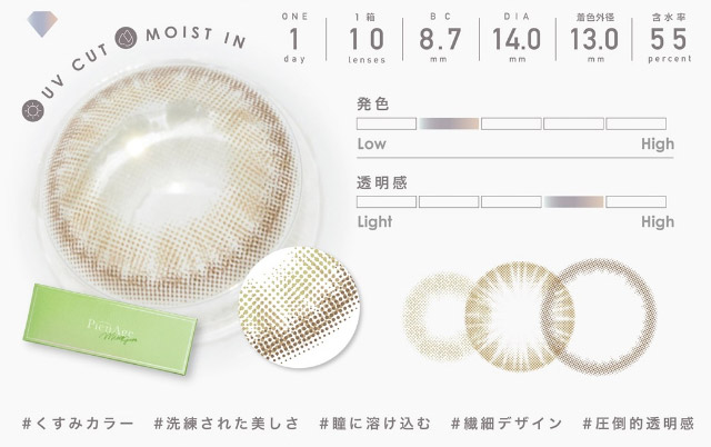 ミミペリドットの特徴,洗練された美しさ,瞳に溶け込む,繊細デザイン,圧倒的透明感|ピエナージュミミジェム,ワンデーカラコン,10枚入り,1day,DIA14.0mm,BC8.7mm,度あり,度なし,UVカット,モイストイン