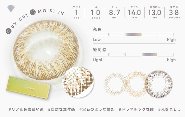ミミアンバーの特徴,リアル色素薄い系,自然な立体感,宝石のような輝き,ドラマチックな瞳,光をまとう|ピエナージュミミジェム,ワンデーカラコン,10枚入り,1day,DIA14.0mm,BC8.7mm,度あり,度なし,UVカット,モイストイン