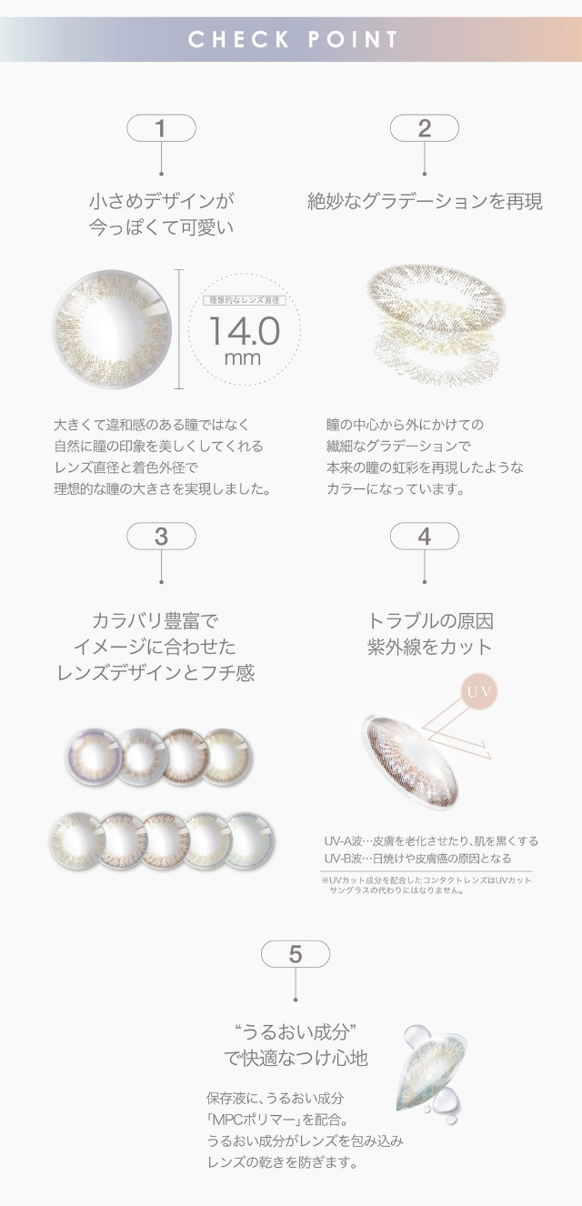 ピエナージュミミジェムのレンズ特徴,小さめデザインが今っぽくて可愛い,絶妙なグラデーションを再現,カラバリ豊富でイメージと合わせたレンズデザインとフチ感,トラブルの原因紫外線をカット,うるおい成分で快適なつけ心地|ピエナージュミミジェム,ワンデーカラコン,10枚入り,1day,DIA14.0mm,BC8.7mm,度あり,度なし,UVカット,モイストイン