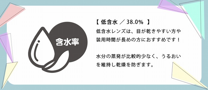 1ヵ月用カラコン「プリモクレール」は含水率38%の低含水タイプ!低含水レンズは目が乾きやすい方や装用時間が長めの方におすすめです!水分の蒸発が比較的少なく潤いを維持し乾燥を防ぎます